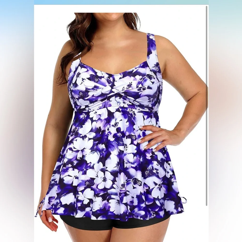 Aqua Eve Women Plus Size Tankini Swimsuit Two Piece Flowy Swimdress Swim Shorts - Picture 2 of 6
